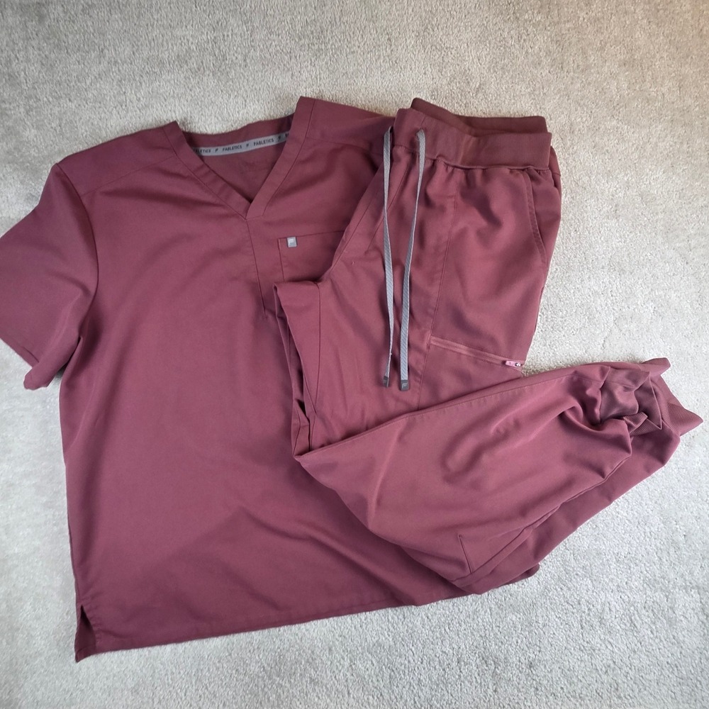 Fabletics Men Performance Scrub Set XXL Rose Pink V-Neck Top Joggers Bottoms